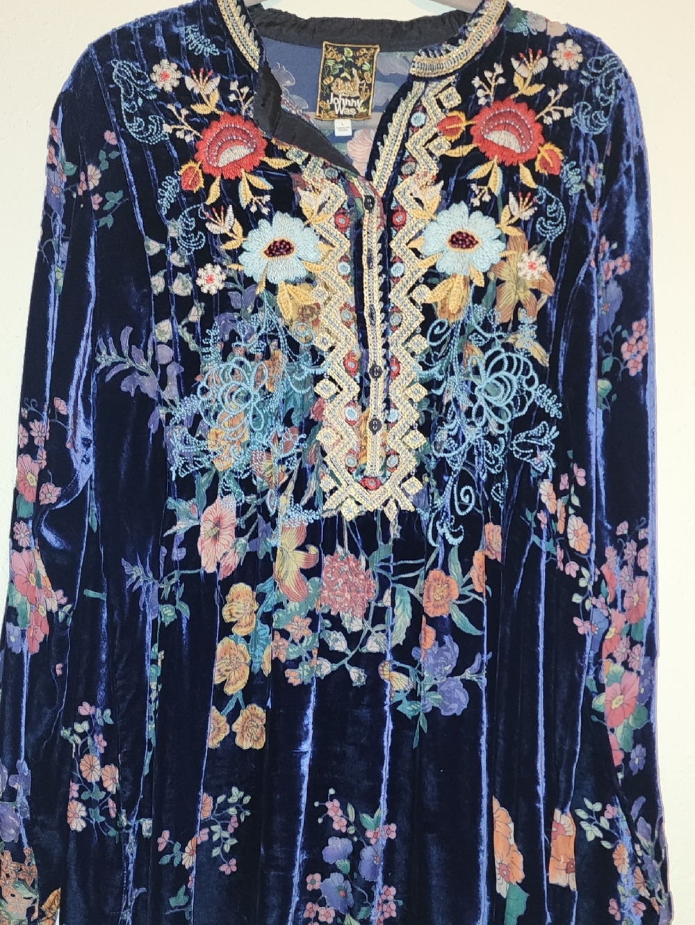 Johnny Was Navy Velvet Floral Embroidered Tunic